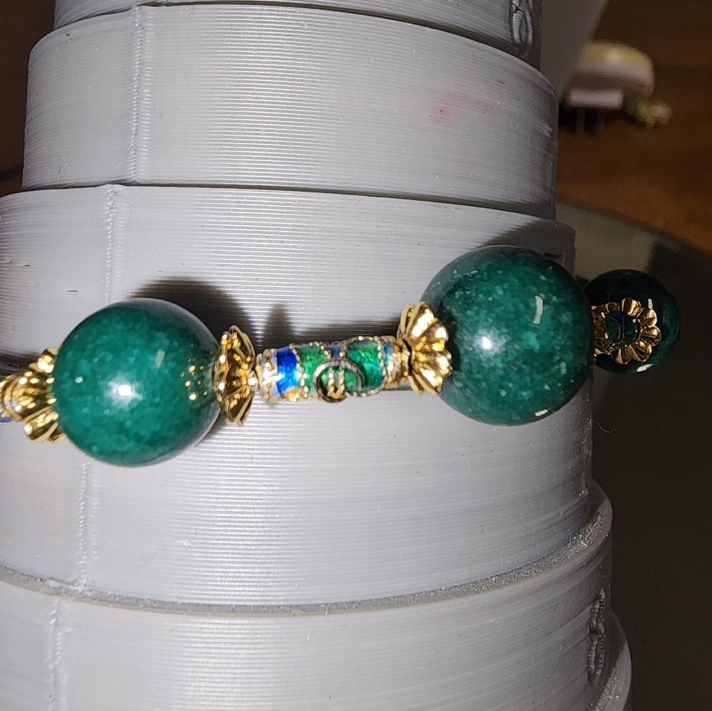 Nephrite and Cloisonne Goldtone Beaded Bracelet - Picture 9 of 11